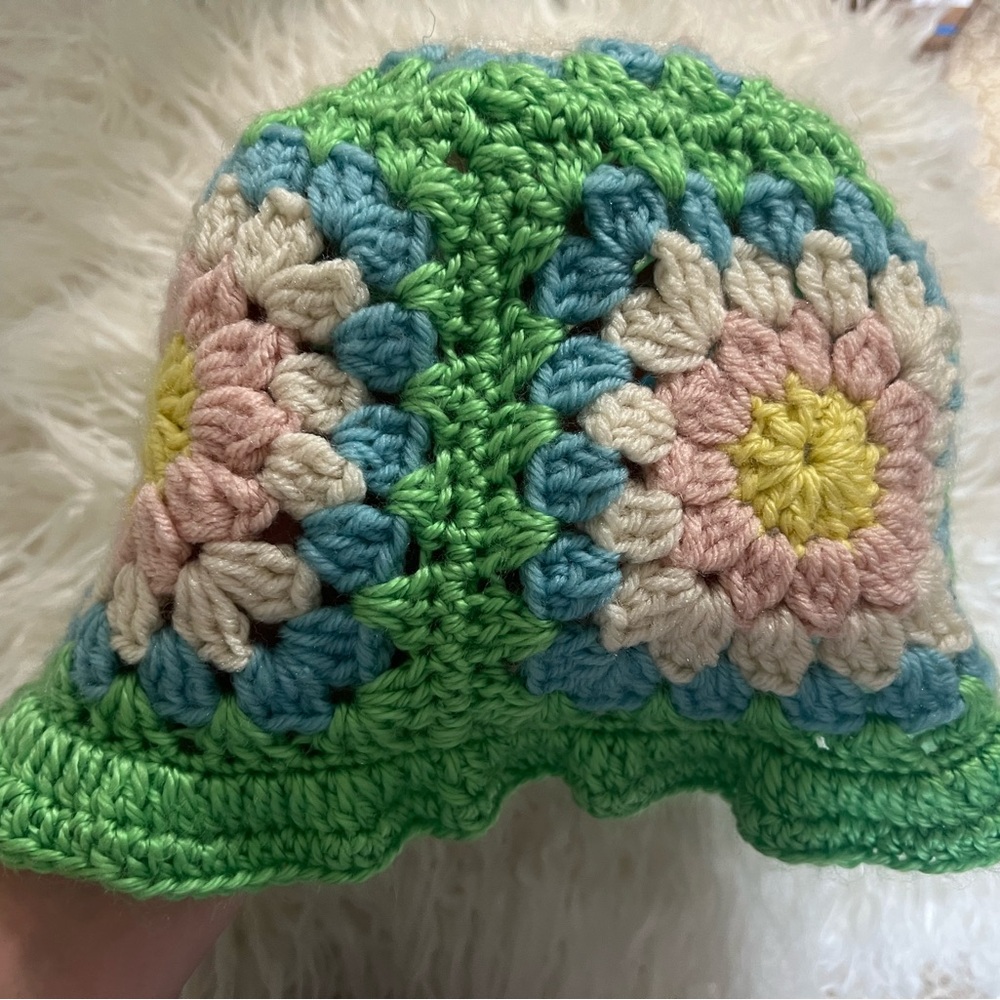 Handmade Granny Square Floral Crochet mens/women’s Hat - Green, Blue, Pink